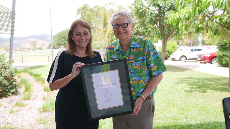 Mayor Jenny Hill and Senior of the Year Award winner Richard Hosking at this year’s Seniors Luncheon Mayor Jenny Hill and Senior of the Year Award winner Richard Hosking at this year’s Seniors Luncheon