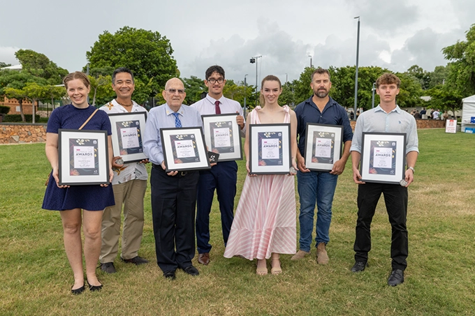 A representative from the Townsville Toy Library, Alex Salvador, Edmund Mildren, Ethan Cavanagh, Olivia Ford, Jason Lange and Finn O’Neill.