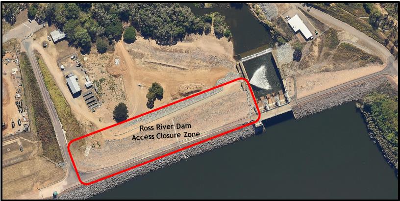 Map of Ross River Dam Access with a red box around the closure zone from the road to the spillway gates
