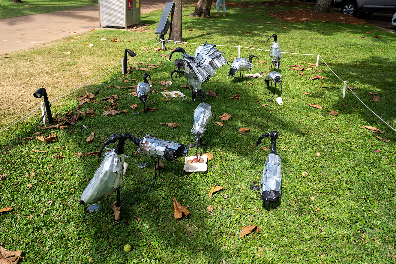 Ibis made of recycled cans, fabric, wire, and electrical tape