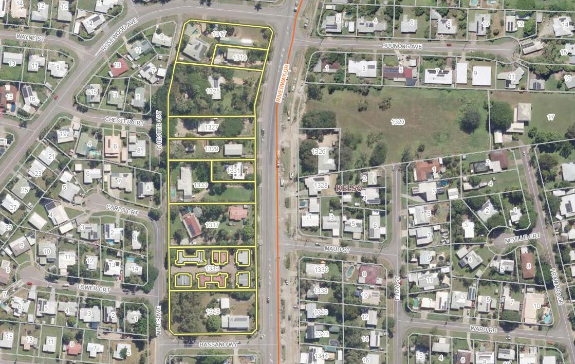 Map of Riverway Drive & Rosewood Avenue, Kelso with affected properties highlighted