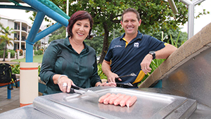 Cr Ann-Maree Greaney and Cr Mark Molachino are celebrating the reconnection of barbecues on The Strand and in parks across the city. 