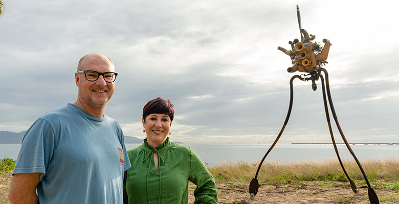 Image of Artist Christopher Trotter and Ann-Maree Greaney at the newly installed artwork on The Strand. Image of Artist Christopher Trotter and Ann-Maree Greaney at the newly installed artwork on The Strand.