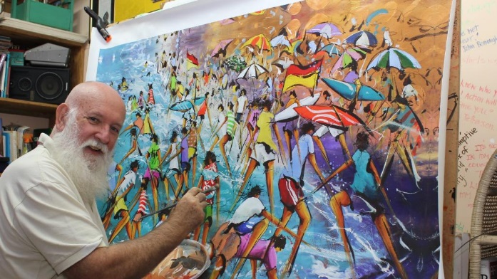 Artist Donald James Waters at work. Image courtesy of The Courier Mail, Logan author explains mind in latest book Earth: the toughest bootcamp in the universe, March 28, 2017. 
