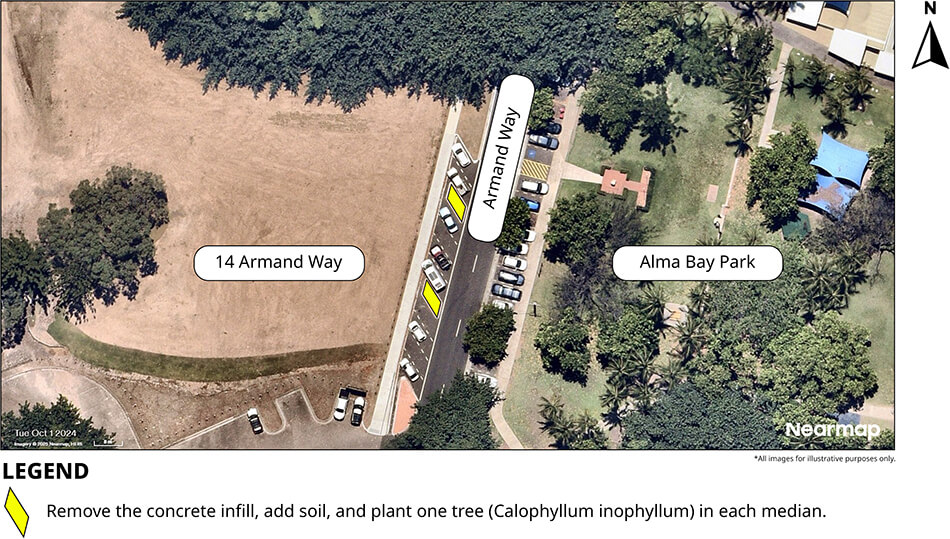 Map of Armand Way Street Tree Planting with two parking spacing highlighted in yellow that will be replaced with trees