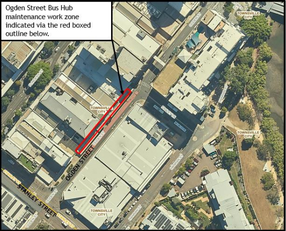 Map of the location of the bus hub maintenance works along Odgen Street