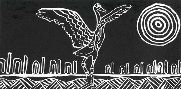 Kesa-Lee Savuro (Kirwan State High School), Swaying Darrmanji of Wakaja and Gudanji, 2025 Linocut on paper, 15 x 30 cm Image courtesy of Umbrella Studio Contemporary Arts, Gurambilbarra / Townsville