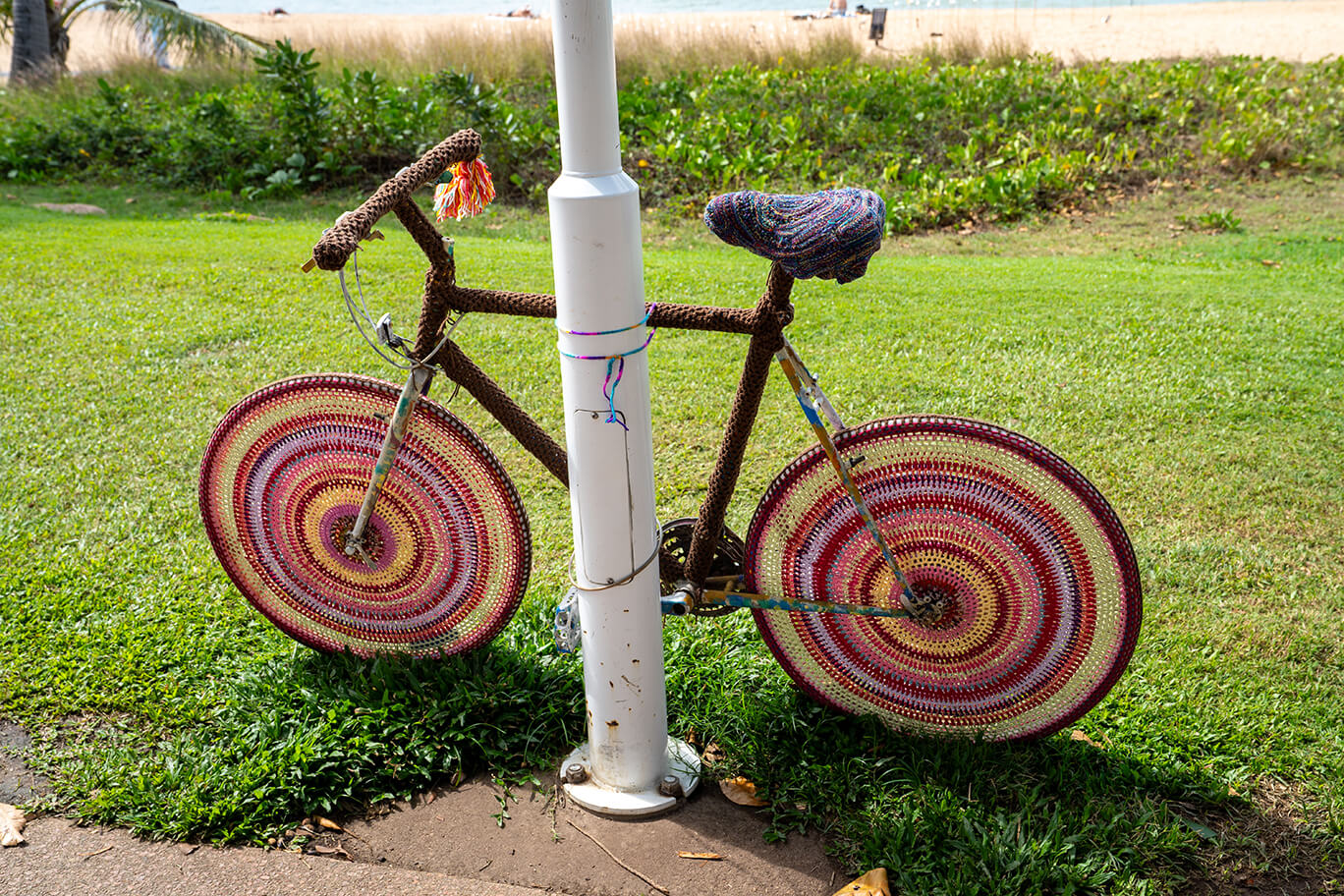 Bicycle covered in yarn