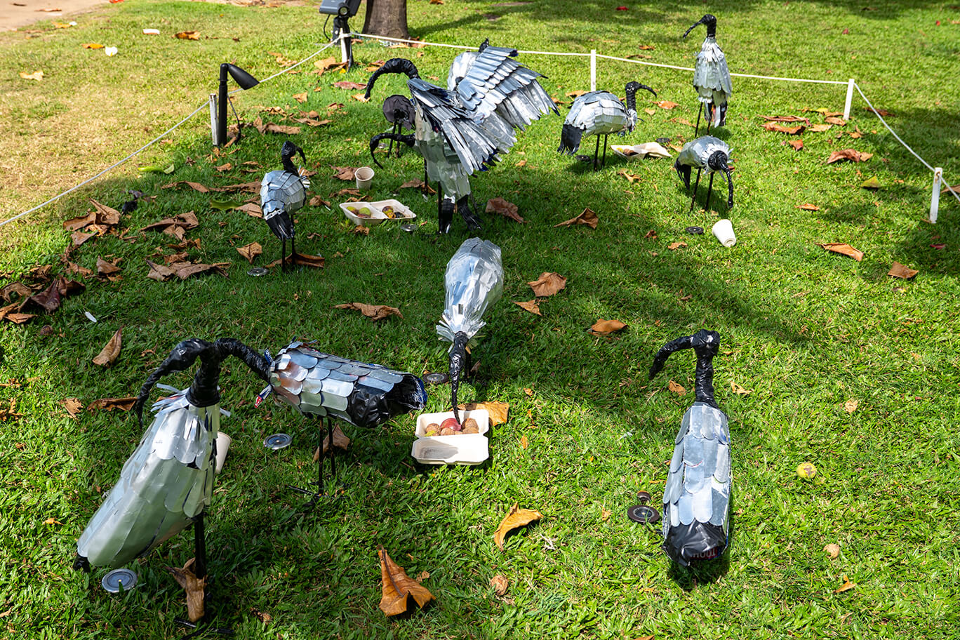 Ibis made of recycled cans, fabric, wire, and electrical tape
