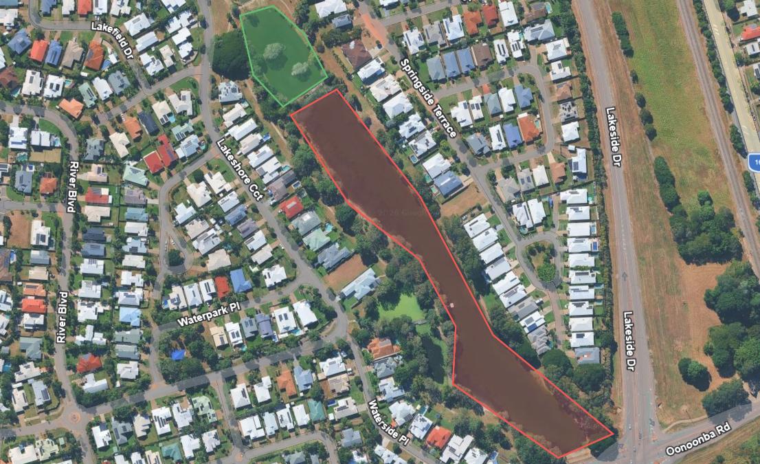 Map of Fairfield Waters, Idalia with Freshwater Wetland highlighted in red and Northern Sediment Basin highlighted in green