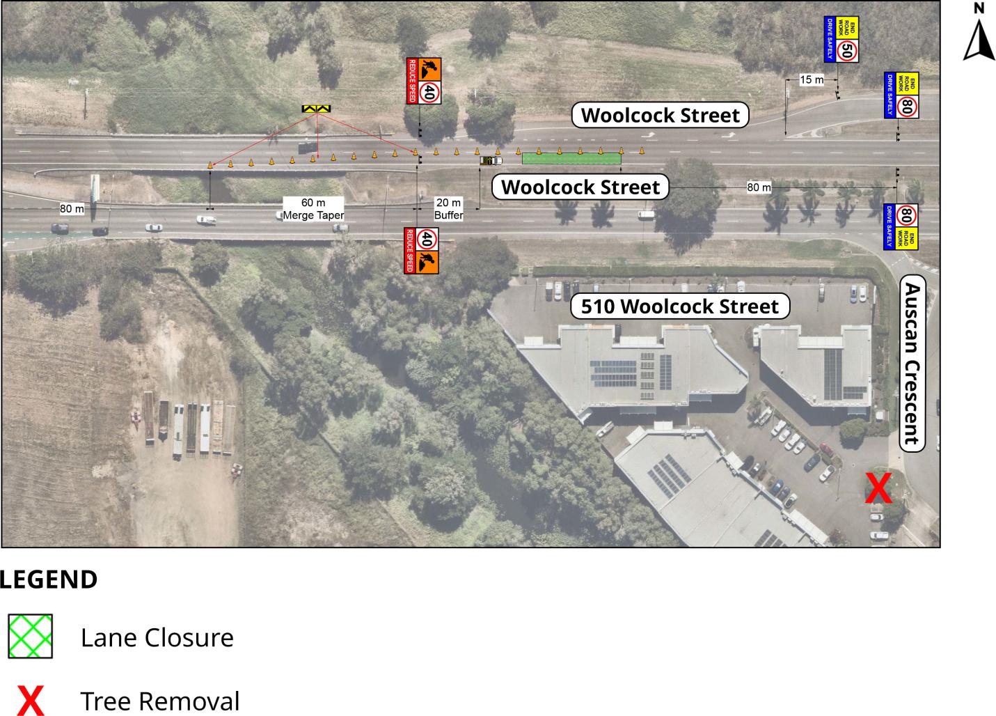Map of Woolcock Street, Garbutt with lane closure and tree removal highlighted