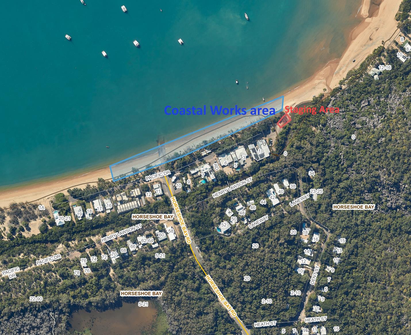 Map of Horseshoe Bay Beach with Coastal Works Area highlighted from 1-15 Pacific Drive and Staging Area at 0 Pacific Drive
