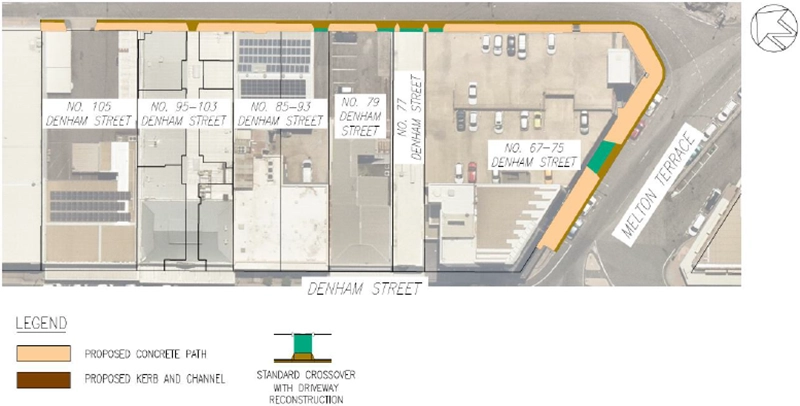 Location of the Hamilton Street roadworks indicating proposed removal and replacement of concrete path, kerb and channel, and standard crossover with driveway reconstruction