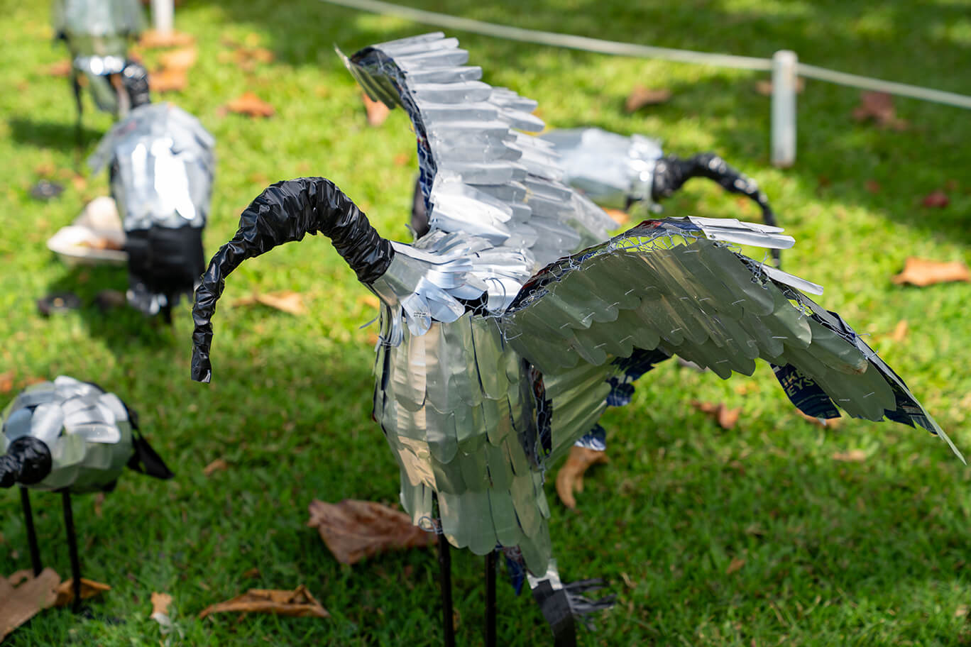 Ibis made of recycled cans, fabric, wire, and electrical tape