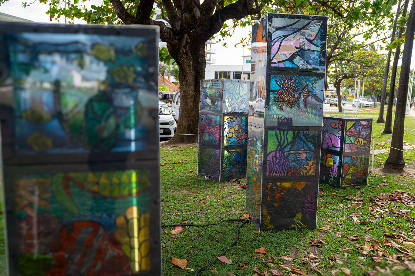 Stained-glass viewing boxes with endangered sea creatures