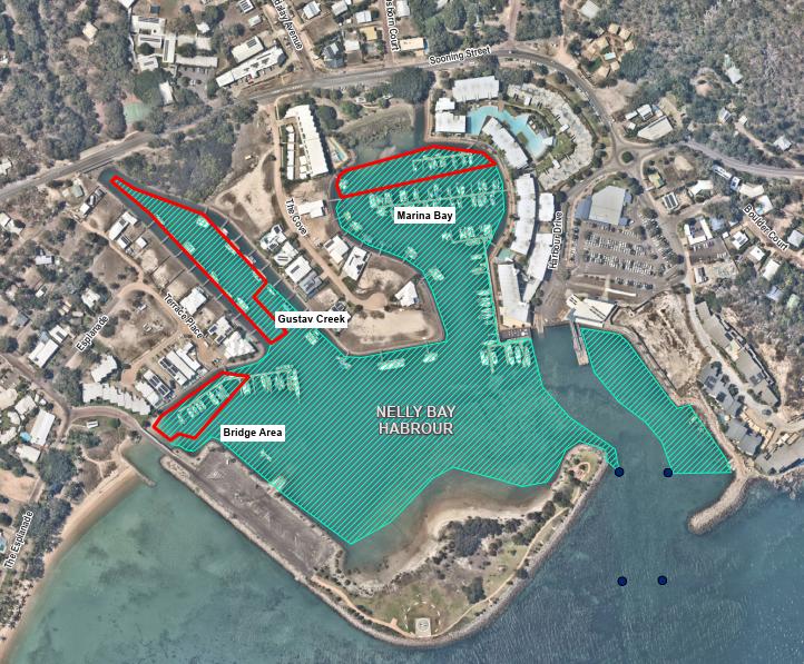 Map of Nelly Bay Harbour, Magnetic Island with Marina Bay, Gustav Creek and Bridge Area highlighted as requiring dredging and the entire harbour marked as where the hydrographic survey may take place