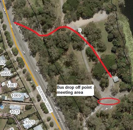 Map of Loam Island Boat Ramp showing the bus drop off point meeting area near the ramp.