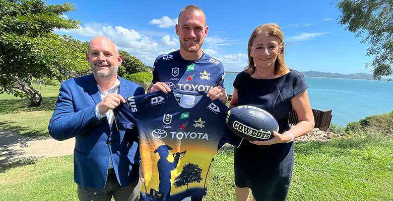 Caption:  North Queensland Cowboys Chief Executive Jeff Reibel, star Cowboys forward Coen Hess and Townsville Mayor Jenny Hill as Council throws its support behind the North Queensland Toyota Cowboys’ NRL ANZAC Round home game on Saturday April 22 as match day sponsor.