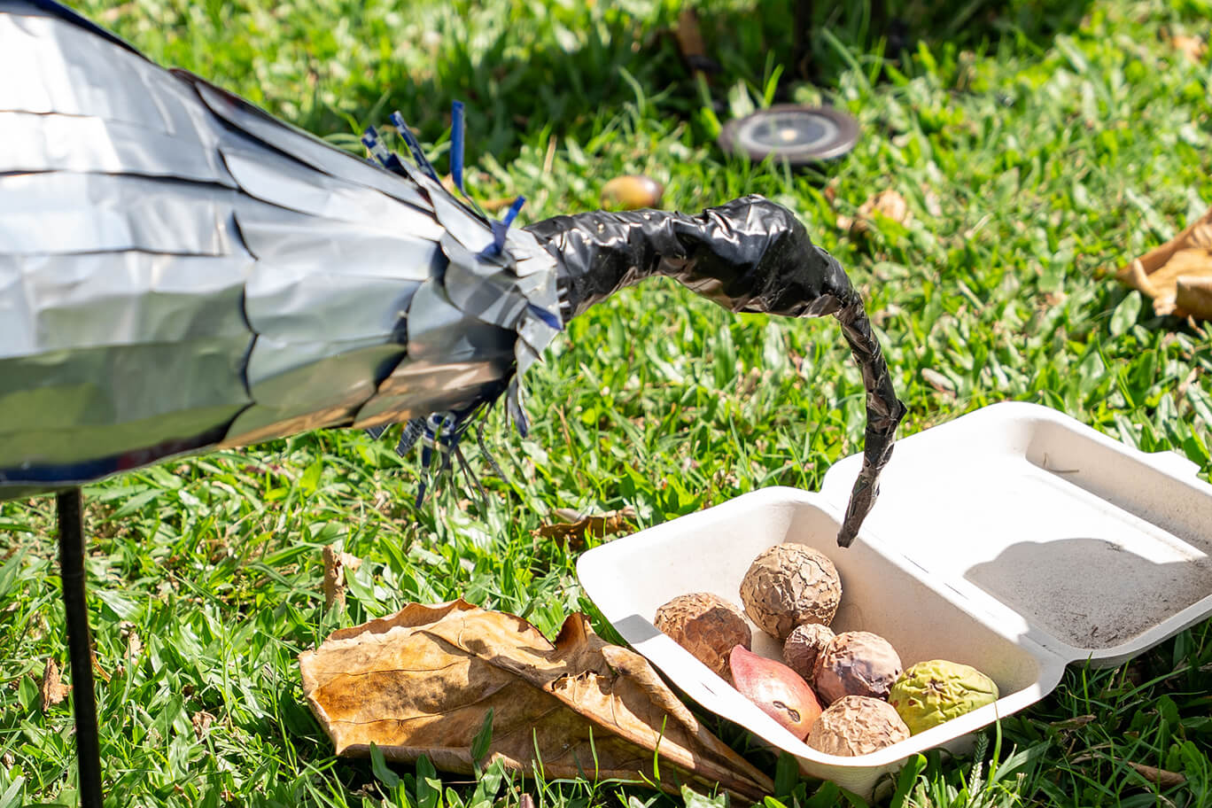 Ibis made of recycled cans, fabric, wire, and electrical tape