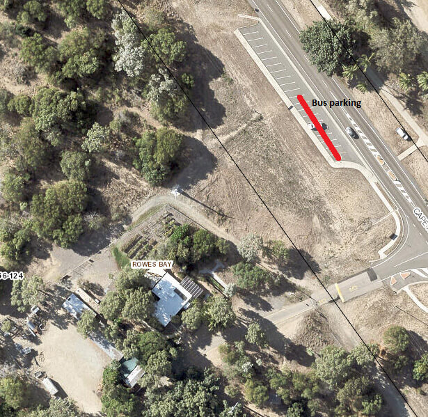 Map of Rowes Bay Sustainability Centre showing bus parking is in the angled carpark opposite the centre only.