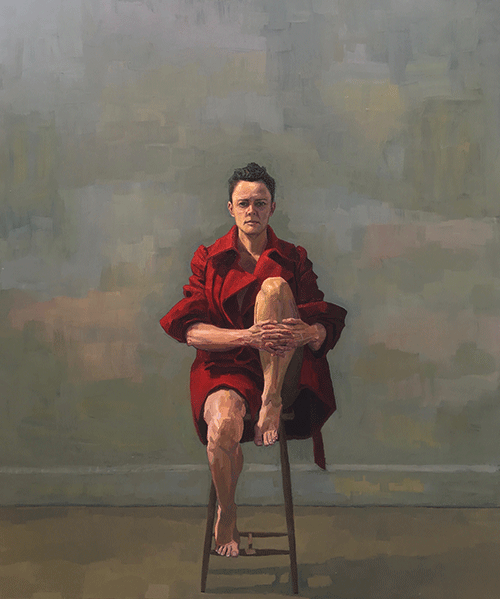 Image: Jenny Rodgerson, Balancing in the big red coat, 2017, oil on linen, 180 x 150 cm. Winner of the acquisitive Percival Portrait Painting Prize 2018, Perc Tucker Regional Gallery, Townsville. City of Townsville Art Collection.