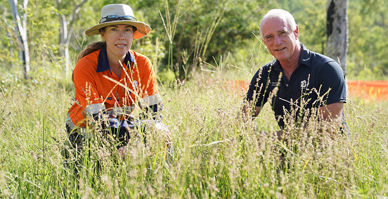 Council environmental restoration and ecology officer Angela Wicks and Cr Maurie Soars inspect the abundance of native grasses planted as part of a revegetation project in Oak Valley