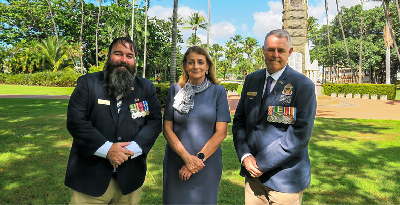 Townsville Mayor Jenny Hill with Thuringowa RSL Sub-branch president Jeremy Browne and Townsville RSL Sub-branch president Wayne Preedy.