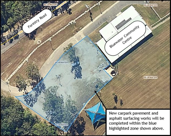 Map of the roadworks at Bluewater community centre carpark where new carpark pavement and asphalt surfacing works will be completed.