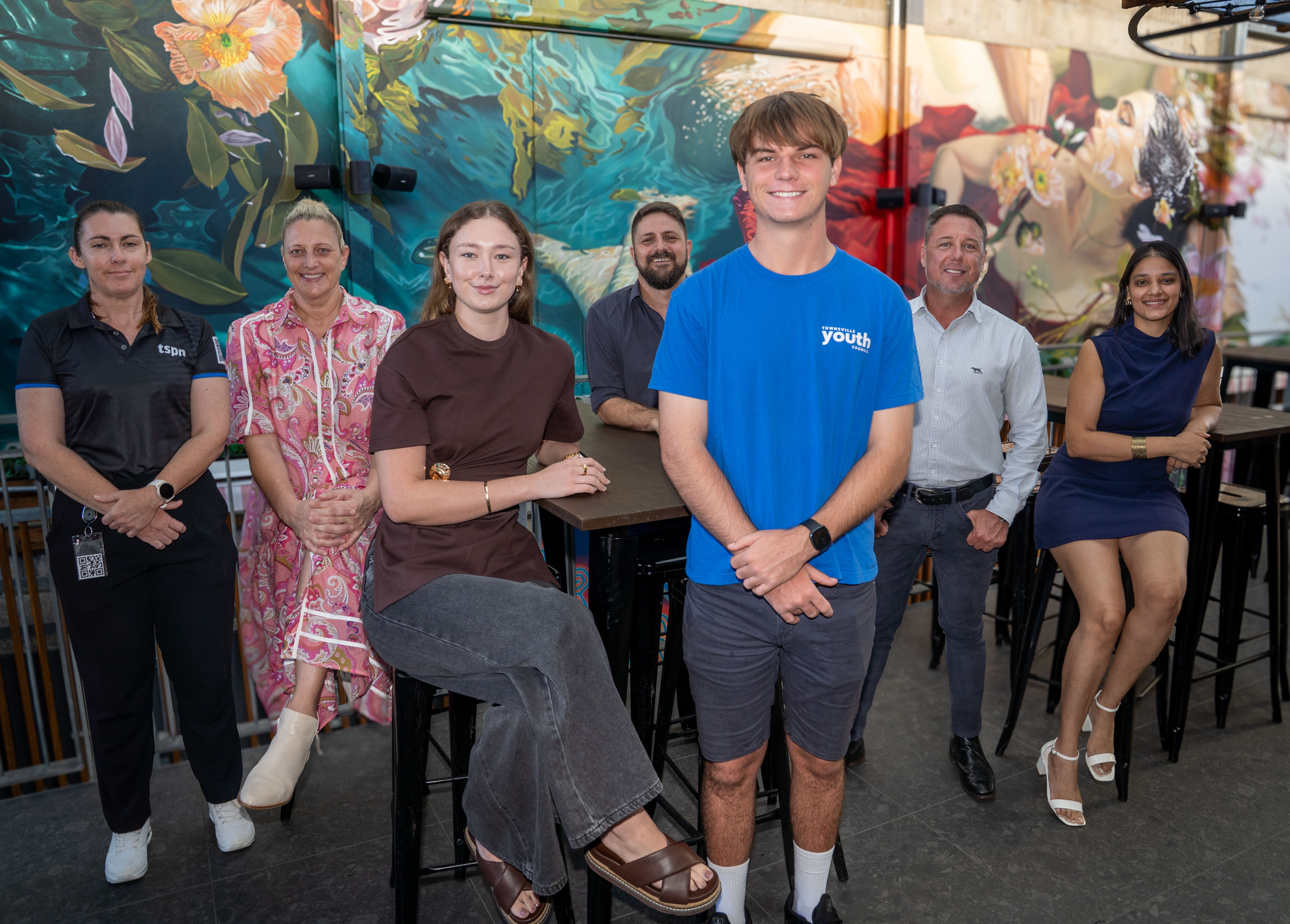 Michelle Ramm (Tsv Suicide Prevention Network), Deputy Mayor Suzy Batkovic, TYC  Secretariat Gabrielle Duke, Bobby Tilbrooke (Qld Youth Services), TYC Mayor Zane Dempsey, Mayor Nick Dametto and Medha Chaturvedi (Woven Visions) are excited about Youth Fest.
