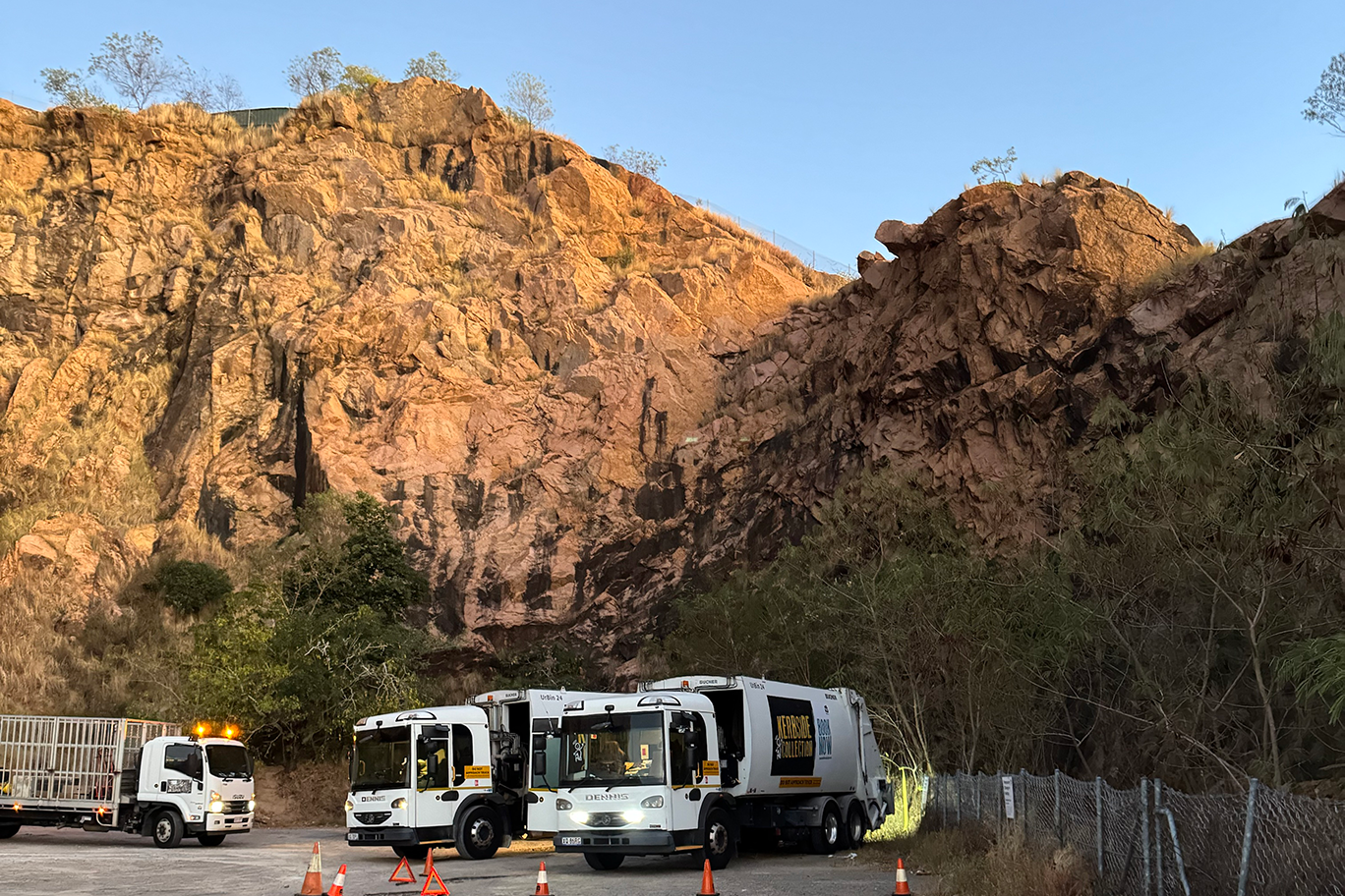 Council waste trucks set up as part of the clean up operation