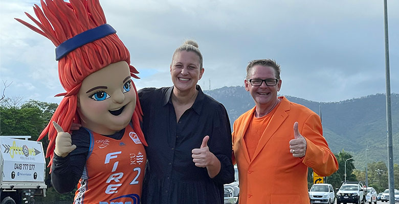 Division 6 Councillor and Townsville Fire legend Suzy Batkovic with club mascot Lola and ground announcer Glenn ‘Minty’ Mintern.