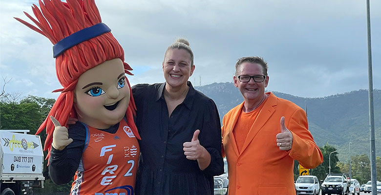 Division 6 Councillor and Townsville Fire legend Suzy Batkovic with club mascot Lola and ground announcer Glenn ‘Minty’ Mintern. Division 6 Councillor and Townsville Fire legend Suzy Batkovic with club mascot Lola and ground announcer Glenn ‘Minty’ Mintern.
