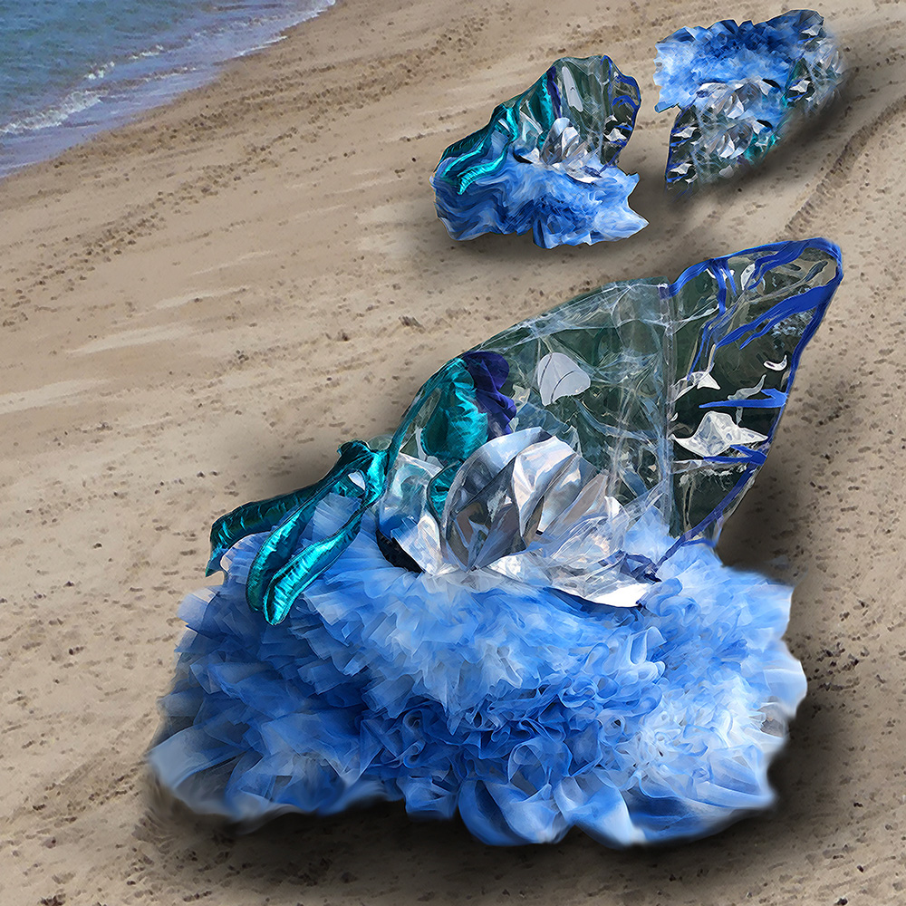 Blue Bottles - Erica Gray - Wire, ducting, plastic, fabric, solar lights