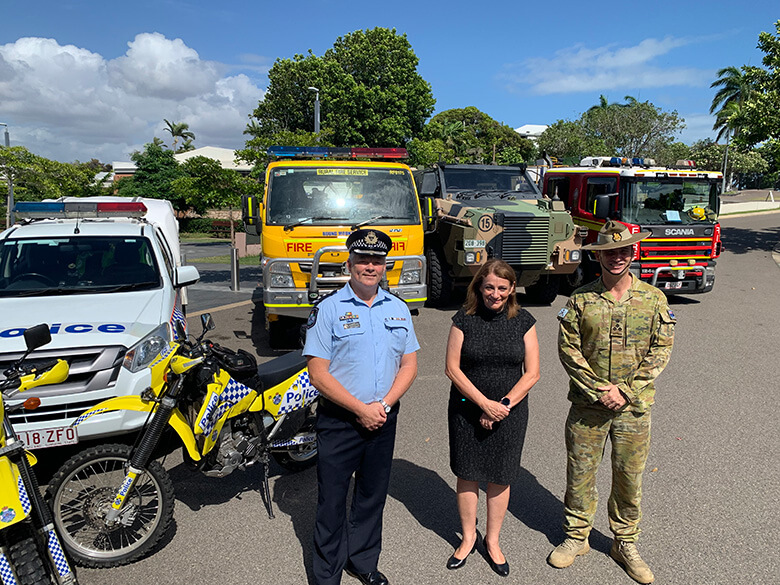 Chief Superintendent Craig Hanlon, Mayor Jenny Hill and Brigadier Kahlil Fegan are encouraging Townsville residents to prepare for natural disasters