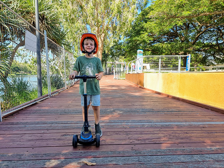 Theo Johnson, 4, is looking forward to the renewal of the Riverway boardwalk