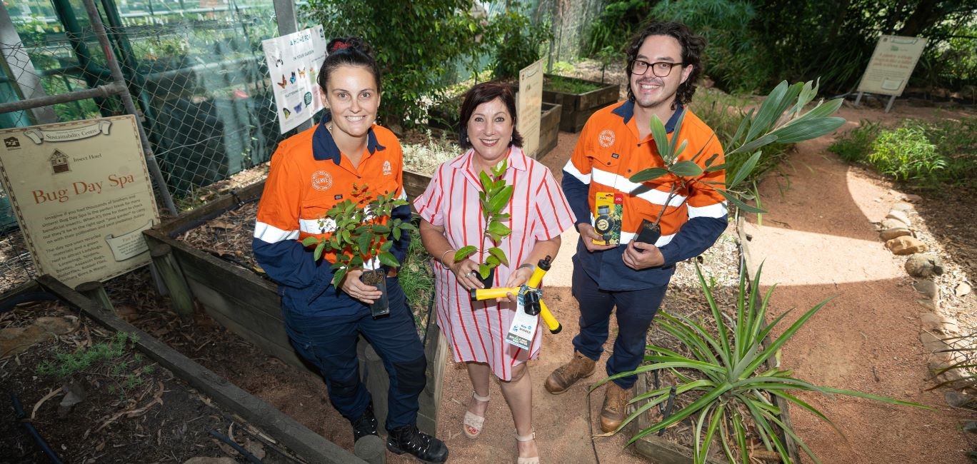 Division 3 councillor, Ann-Maree Greaney, pictured with TCC Environment Team members Katie James and Matthew Greer at the Rowes Bay Sustainability Centre.