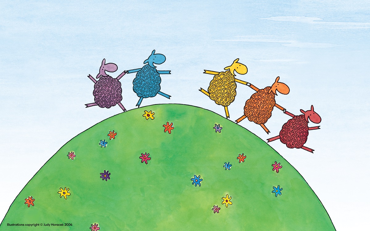 animated sheep in assorted colours happily running over a green hill