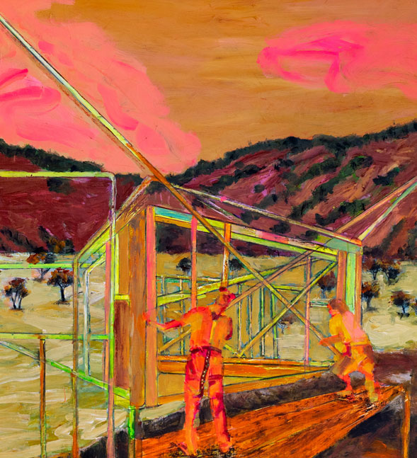 Pat Hoffie, Hi Vis (home building #1), 2018, Acrylic on canvas, 107 x 107 cm. Image photography: Louis Lim.